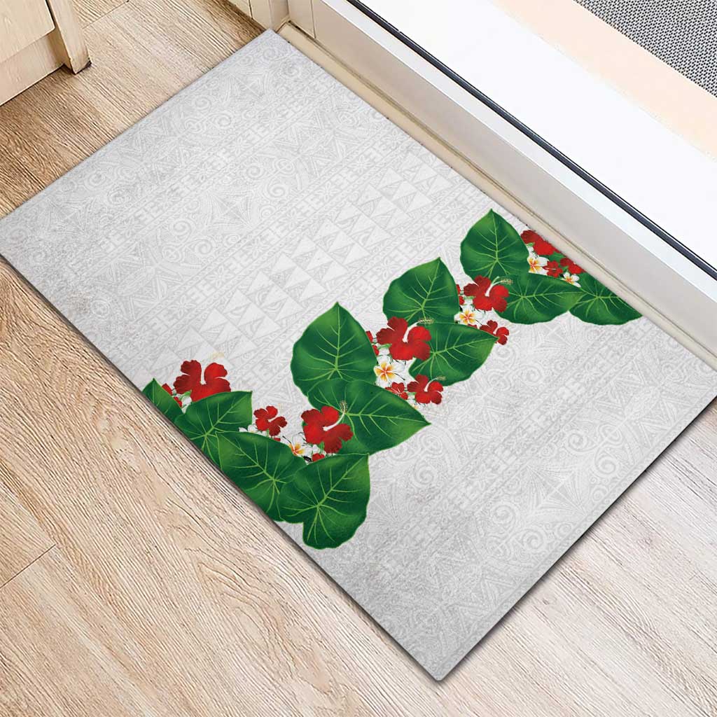 Hawaiian Taro Leaves-Hibiscus and Plumeria Rubber Doormat Polynesian Art-Kakau Tattoo White LT03 - Polynesian Pride