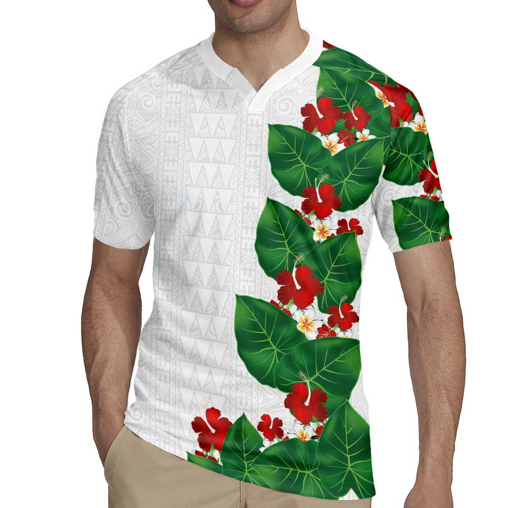 Hawaiian Taro Leaves-Hibiscus and Plumeria Rugby Jersey Polynesian Art-Kakau Tattoo White LT03 - Polynesian Pride