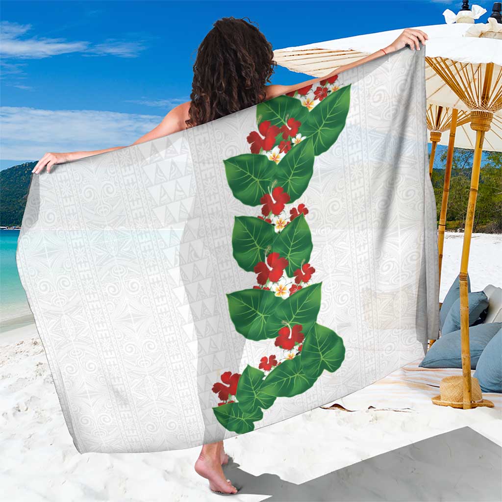 Hawaiian Taro Leaves-Hibiscus and Plumeria Sarong Polynesian Art-Kakau Tattoo White LT03 One Size 44 x 66 inches White - Polynesian Pride
