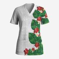 Hawaiian Taro Leaves-Hibiscus and Plumeria Scrub Top Polynesian Art-Kakau Tattoo White LT03 Adult White - Polynesian Pride