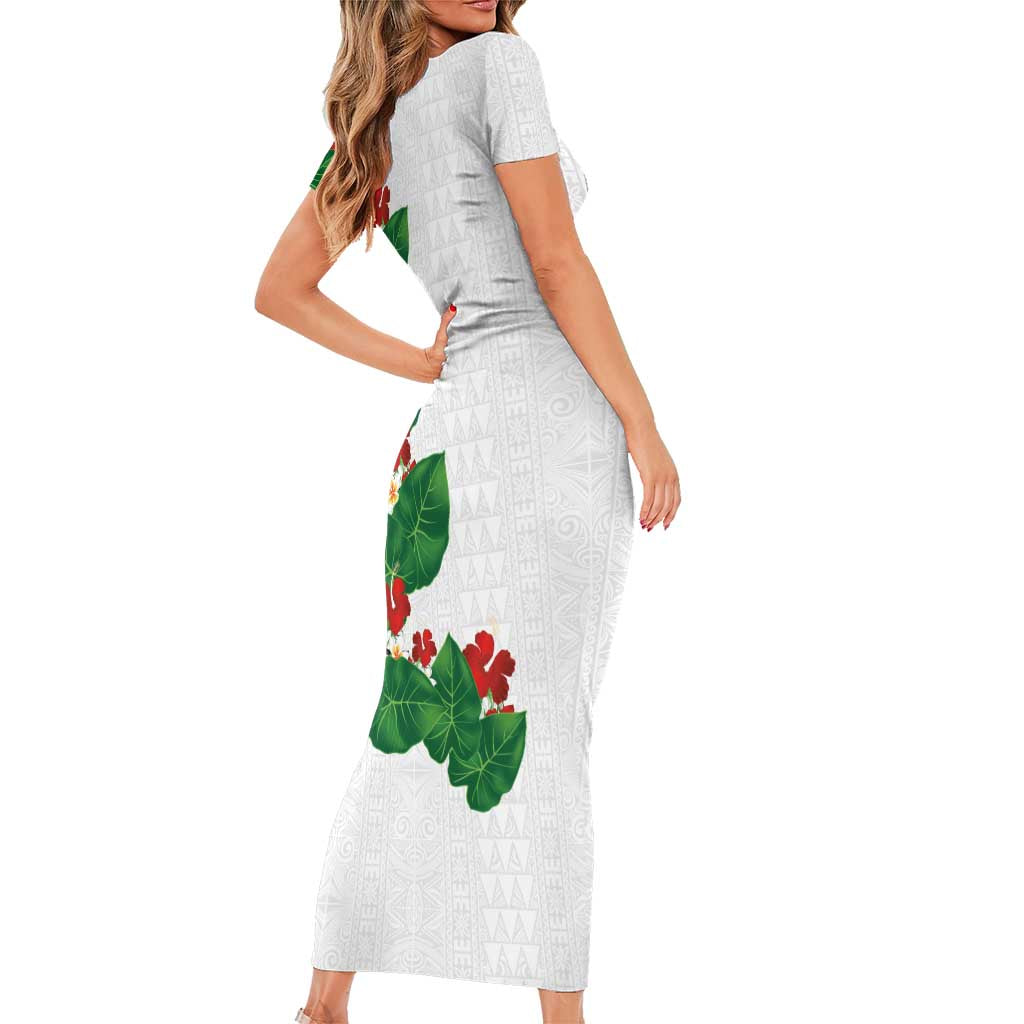 Hawaiian Taro Leaves-Hibiscus and Plumeria Short Sleeve Bodycon Dress Polynesian Art-Kakau Tattoo White LT03 - Polynesian Pride
