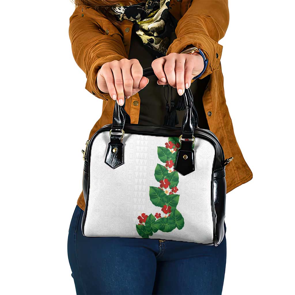 Hawaiian Taro Leaves-Hibiscus and Plumeria Shoulder Handbag Polynesian Art-Kakau Tattoo White LT03 One Size White - Polynesian Pride