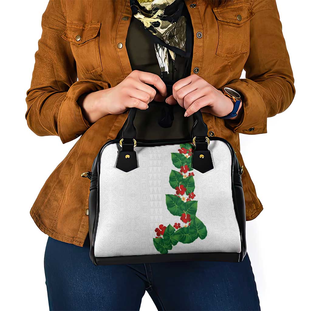 Hawaiian Taro Leaves-Hibiscus and Plumeria Shoulder Handbag Polynesian Art-Kakau Tattoo White LT03 - Polynesian Pride