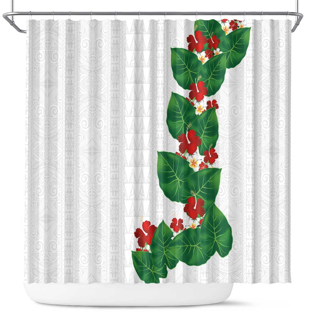Hawaiian Taro Leaves-Hibiscus and Plumeria Shower Curtain Polynesian Art-Kakau Tattoo White