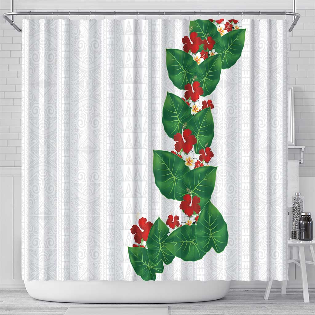 Hawaiian Taro Leaves-Hibiscus and Plumeria Shower Curtain Polynesian Art-Kakau Tattoo White LT03 - Polynesian Pride
