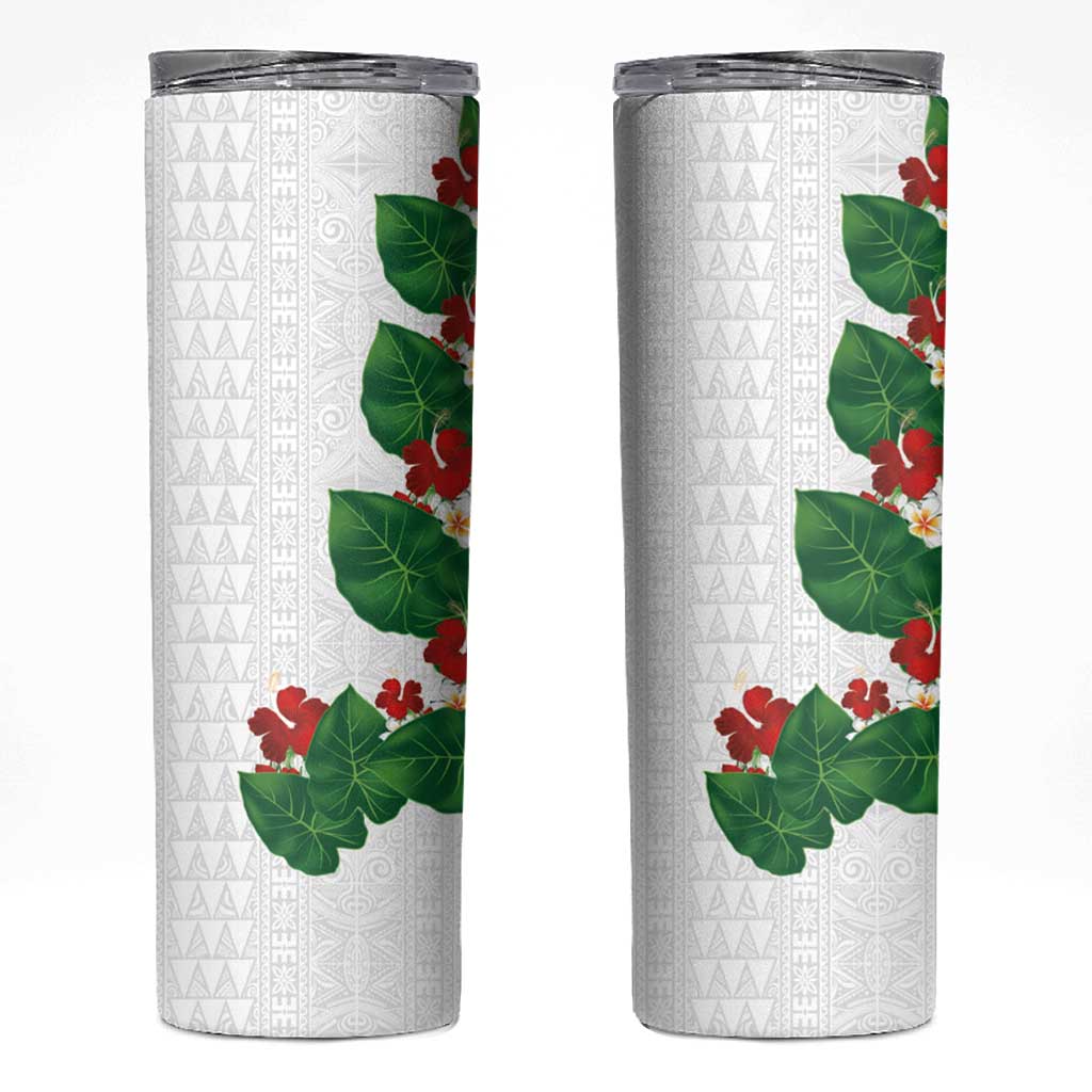 Hawaiian Taro Leaves-Hibiscus and Plumeria Skinny Tumbler Polynesian Art-Kakau Tattoo White