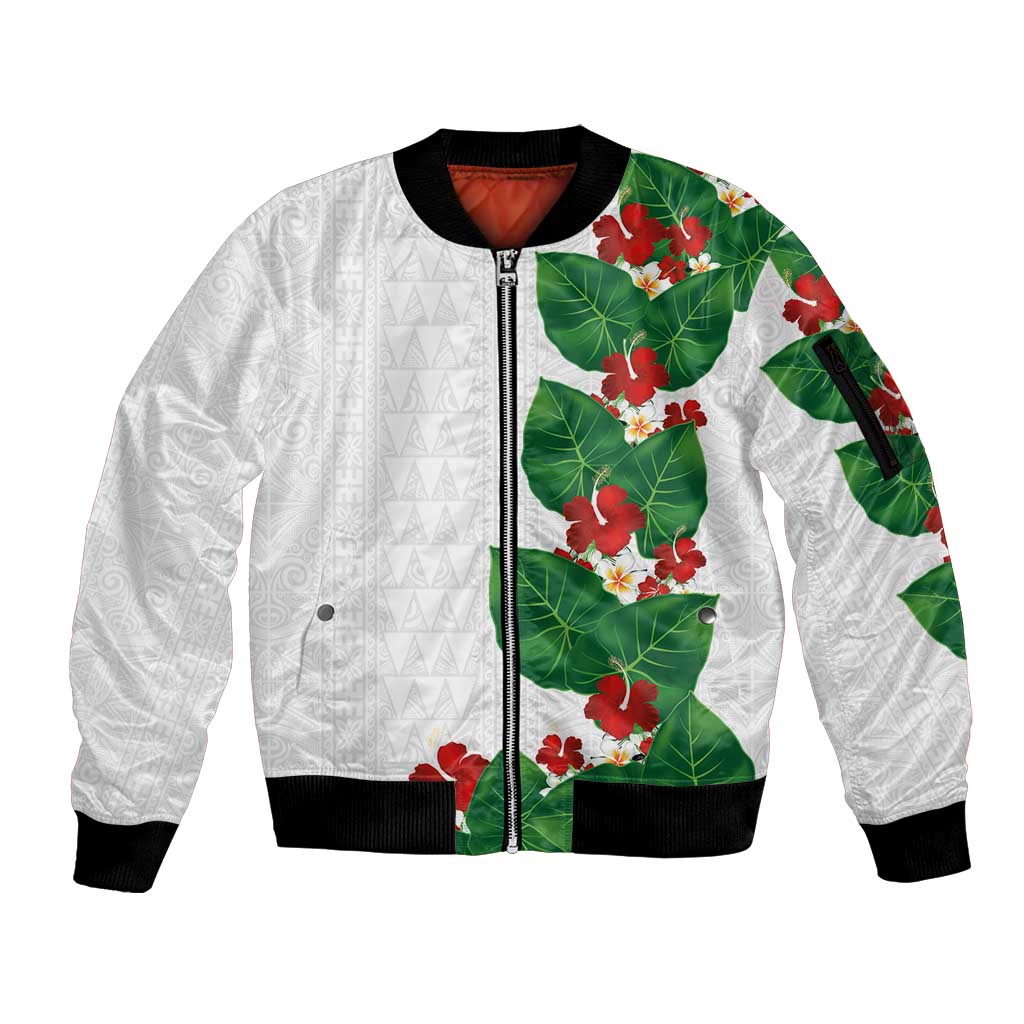 Hawaiian Taro Leaves-Hibiscus and Plumeria Sleeve Zip Bomber Jacket Polynesian Art-Kakau Tattoo White LT03 Unisex White - Polynesian Pride