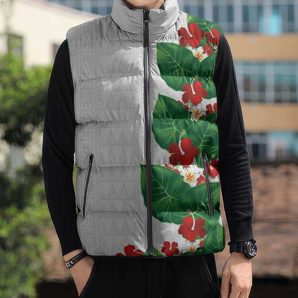 Hawaiian Taro Leaves-Hibiscus and Plumeria Sleeveless Puffer Jacket Polynesian Art-Kakau Tattoo White LT03 - Polynesian Pride