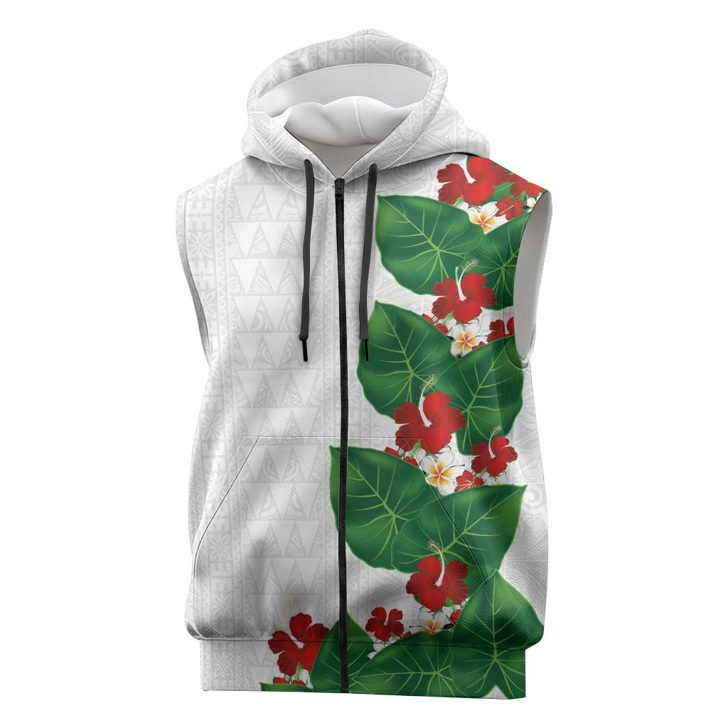 Hawaiian Taro Leaves-Hibiscus and Plumeria Sleeveless Zip Hoodie Polynesian Art-Kakau Tattoo White