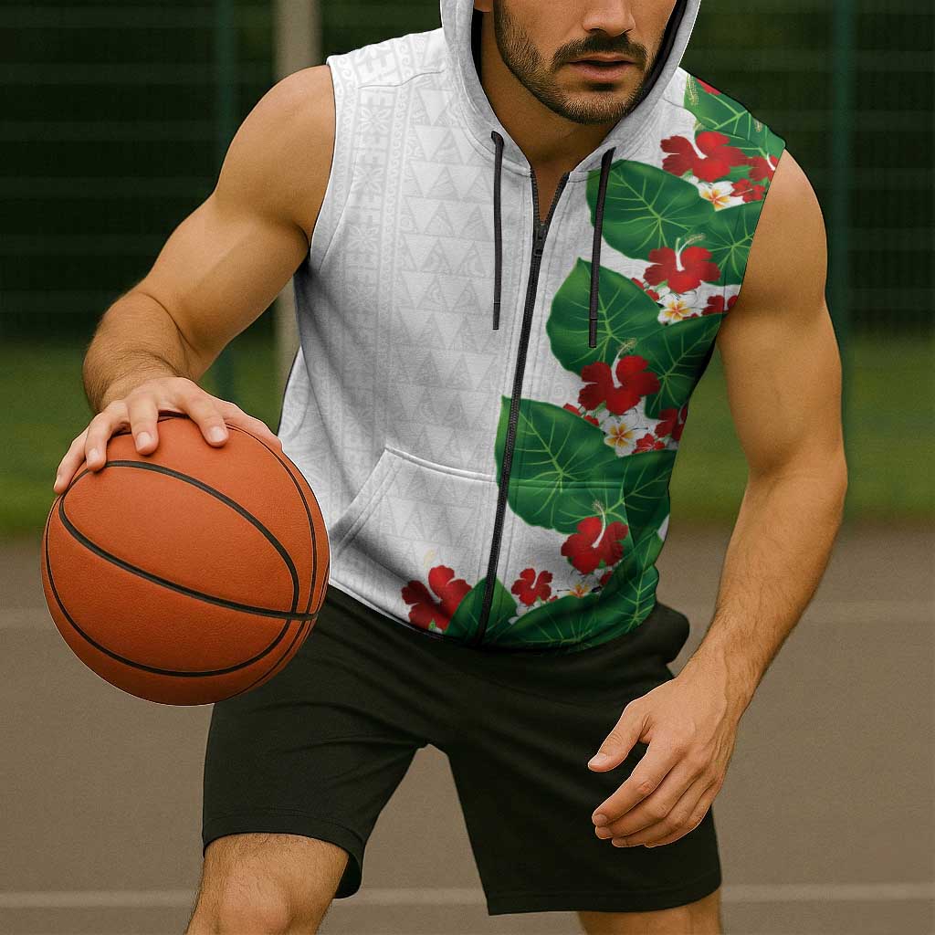 Hawaiian Taro Leaves-Hibiscus and Plumeria Sleeveless Zip Hoodie Polynesian Art-Kakau Tattoo White LT03 - Polynesian Pride