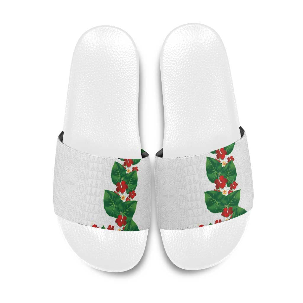 Hawaiian Taro Leaves-Hibiscus and Plumeria Slide Sandals Polynesian Art-Kakau Tattoo White LT03 White - Polynesian Pride