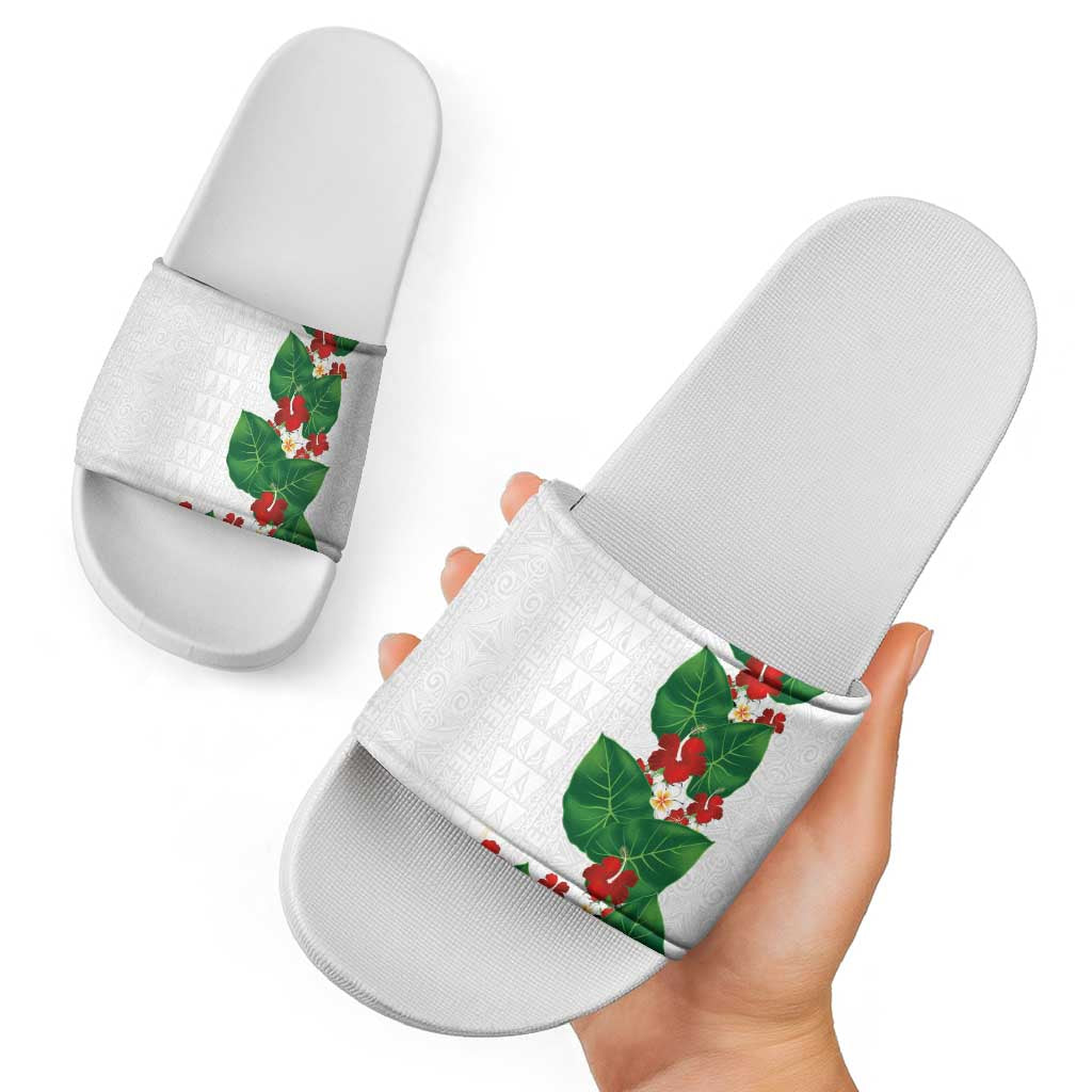 Hawaiian Taro Leaves-Hibiscus and Plumeria Slide Sandals Polynesian Art-Kakau Tattoo White LT03 - Polynesian Pride