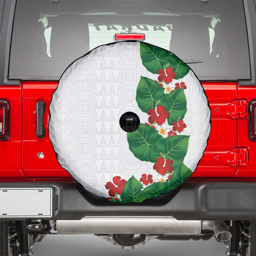 Hawaiian Taro Leaves-Hibiscus and Plumeria Spare Tire Cover Polynesian Art-Kakau Tattoo White LT03 - Polynesian Pride