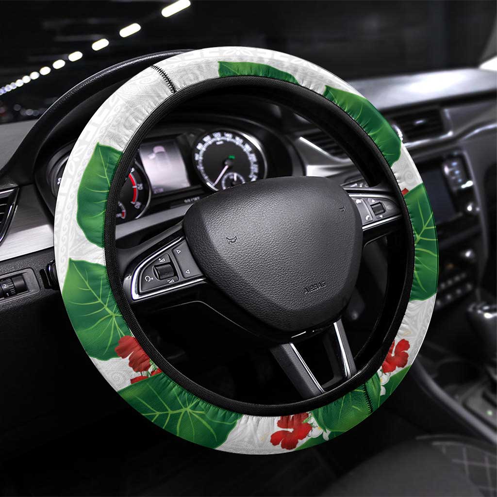 Hawaiian Taro Leaves-Hibiscus and Plumeria Steering Wheel Cover Polynesian Art-Kakau Tattoo White LT03 Universal Fit White - Polynesian Pride