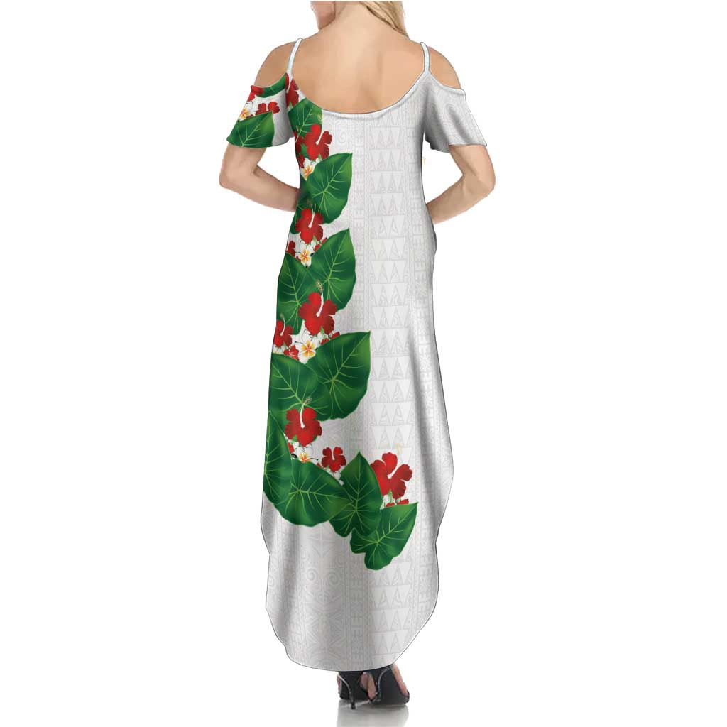 Hawaiian Taro Leaves-Hibiscus and Plumeria Summer Maxi Dress Polynesian Art-Kakau Tattoo White LT03 - Polynesian Pride