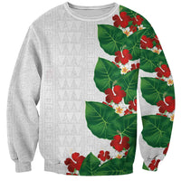 Hawaiian Taro Leaves-Hibiscus and Plumeria Sweatshirt Polynesian Art-Kakau Tattoo White LT03 Unisex White - Polynesian Pride