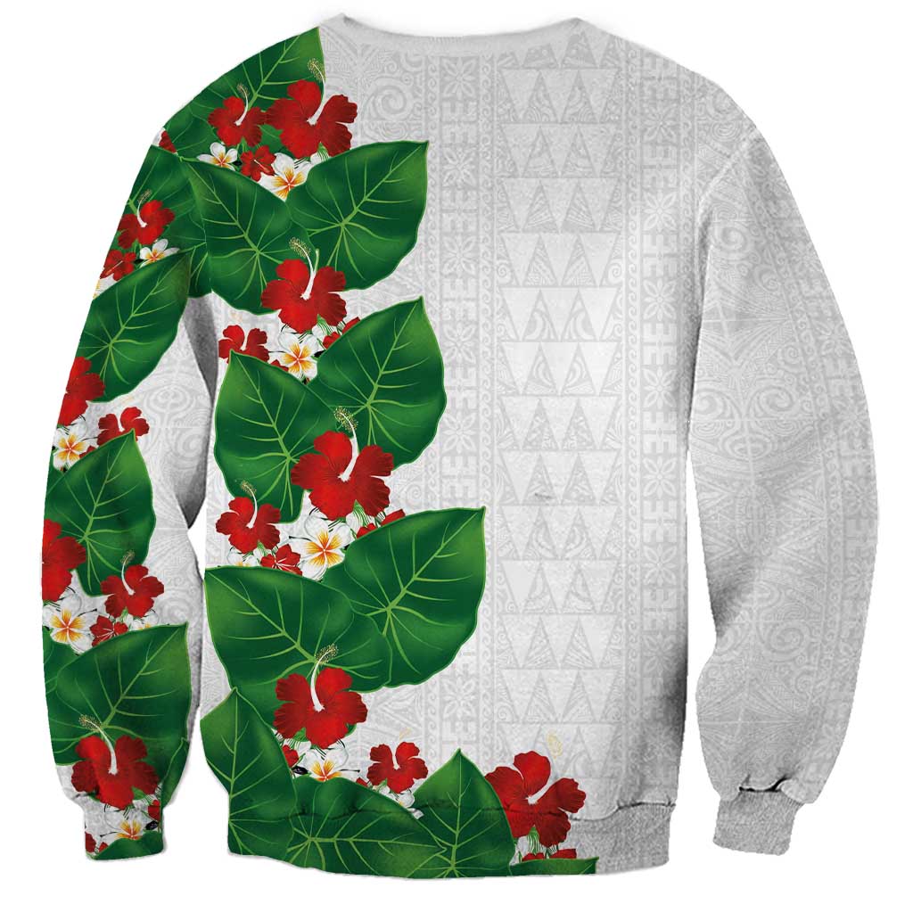 Hawaiian Taro Leaves-Hibiscus and Plumeria Sweatshirt Polynesian Art-Kakau Tattoo White LT03 - Polynesian Pride