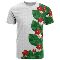 Hawaiian Taro Leaves-Hibiscus and Plumeria T Shirt Polynesian Art-Kakau Tattoo White LT03 White - Polynesian Pride