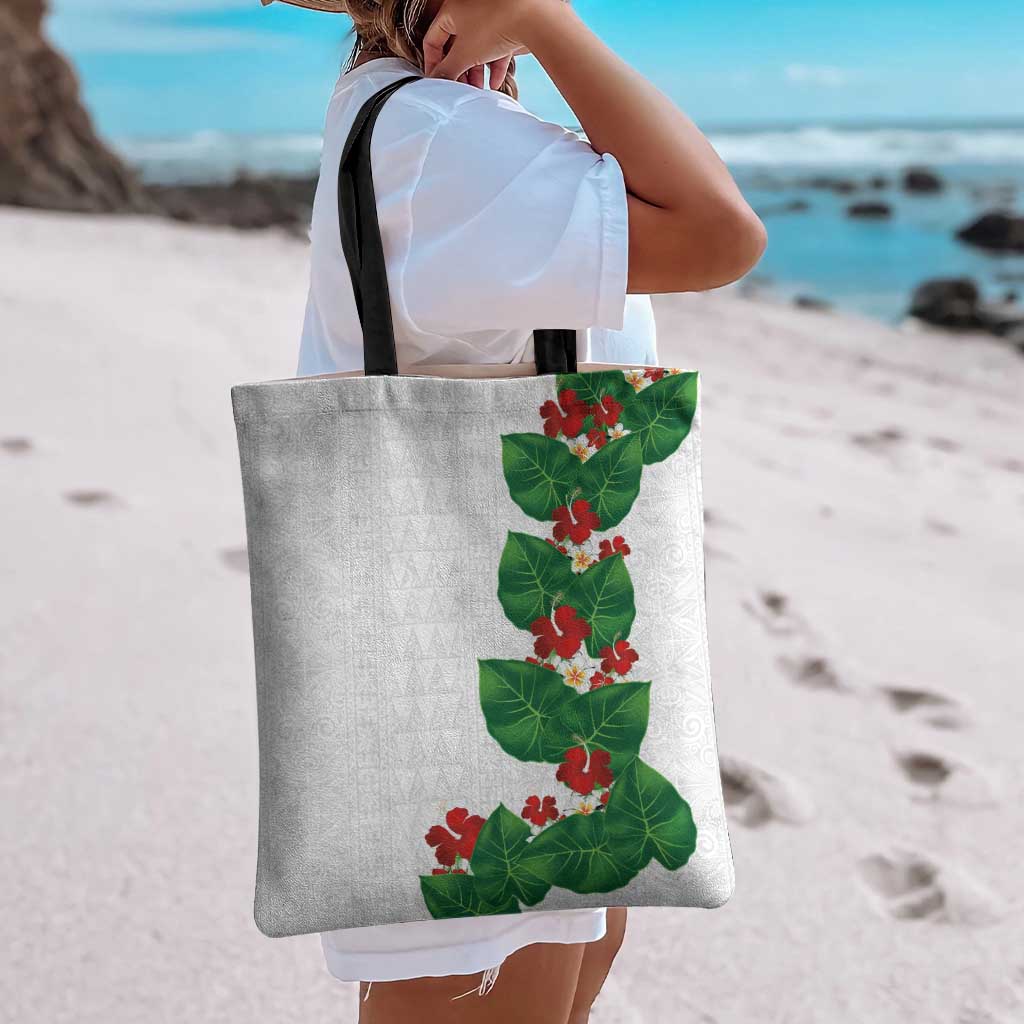 Hawaiian Taro Leaves-Hibiscus and Plumeria Tote Bag Polynesian Art-Kakau Tattoo White LT03 - Polynesian Pride
