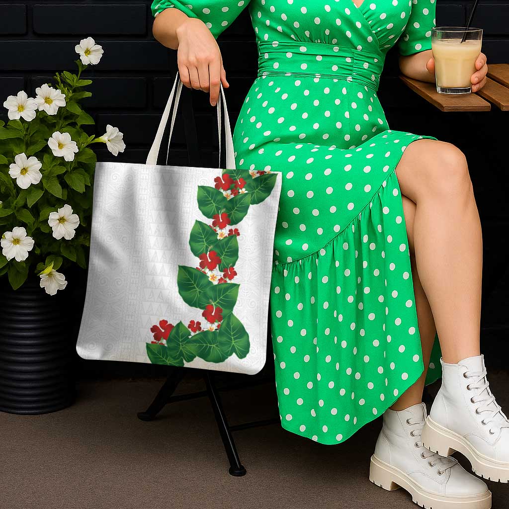 Hawaiian Taro Leaves-Hibiscus and Plumeria Tote Bag Polynesian Art-Kakau Tattoo White LT03 - Polynesian Pride