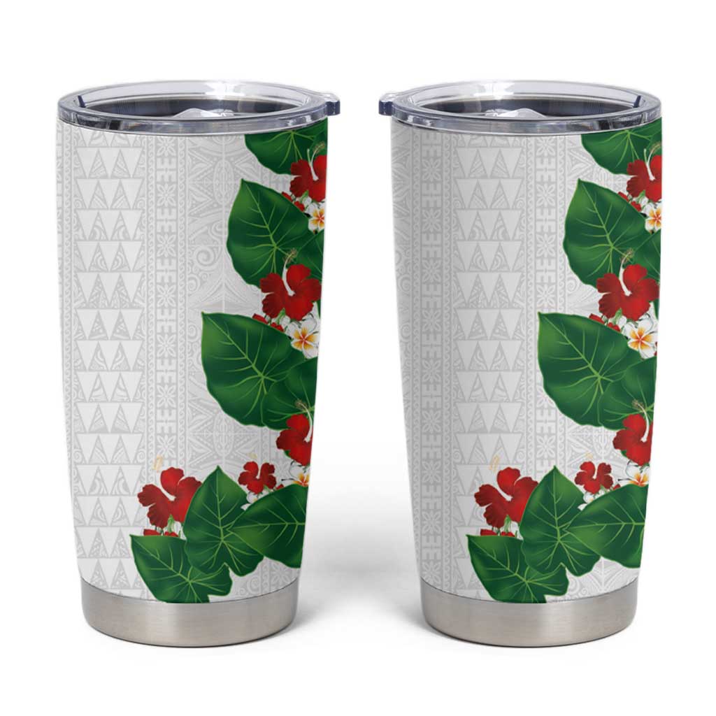 Hawaiian Taro Leaves-Hibiscus and Plumeria Tumbler Cup Polynesian Art-Kakau Tattoo White LT03 White - Polynesian Pride