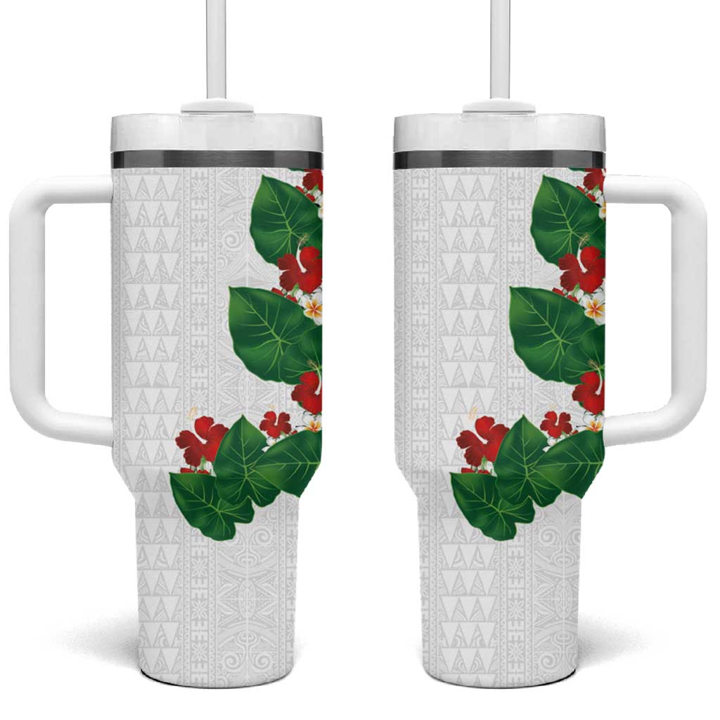 Hawaiian Taro Leaves-Hibiscus and Plumeria Tumbler With Handle Polynesian Art-Kakau Tattoo White LT03 One Size: 40 oz White - Polynesian Pride