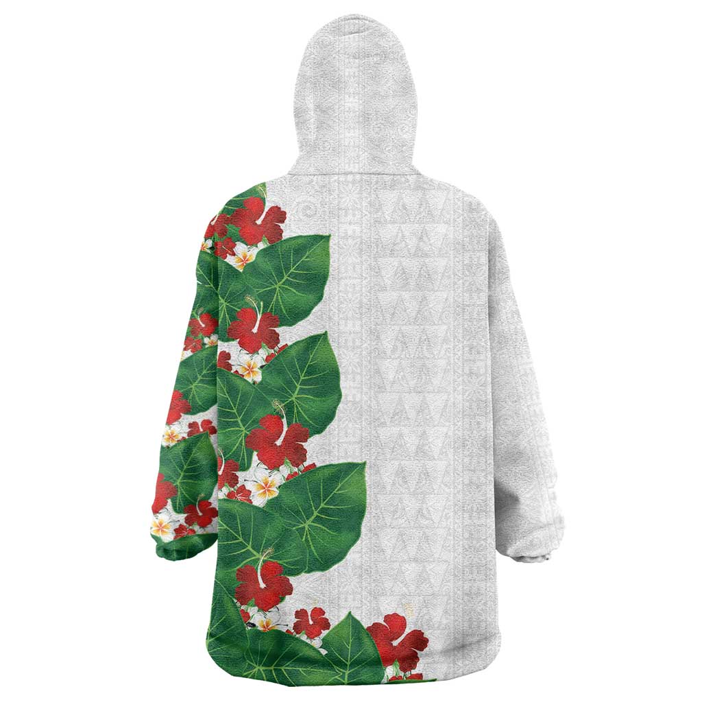 Hawaiian Taro Leaves-Hibiscus and Plumeria Wearable Blanket Hoodie Polynesian Art-Kakau Tattoo White LT03 - Polynesian Pride