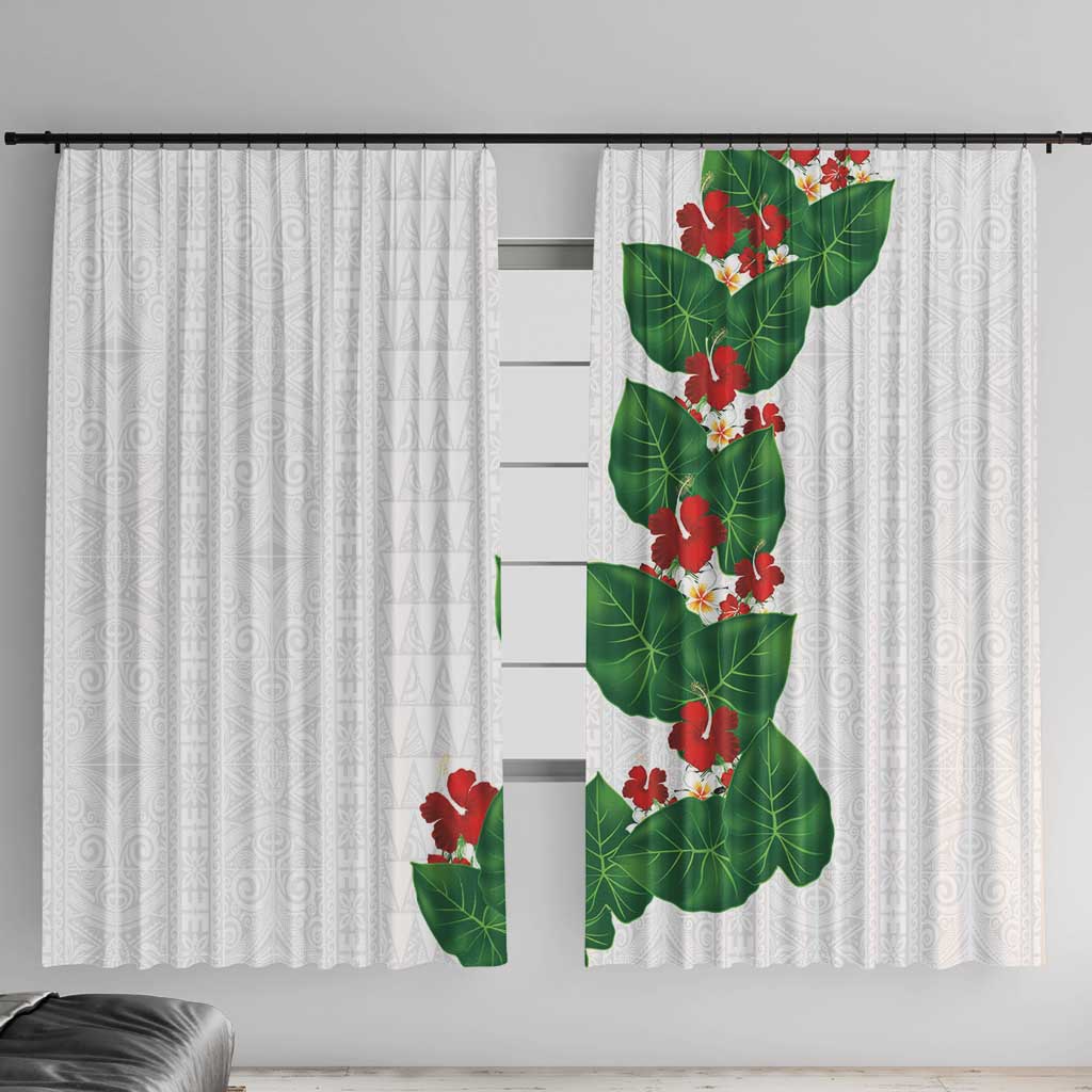 Hawaiian Taro Leaves-Hibiscus and Plumeria Window Curtain Polynesian Art-Kakau Tattoo White LT03 With Hooks White - Polynesian Pride