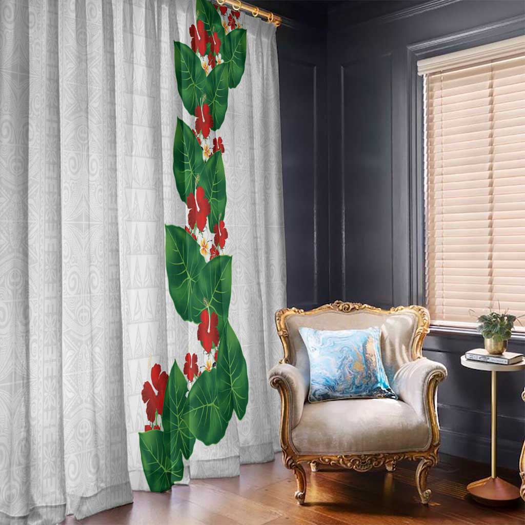 Hawaiian Taro Leaves-Hibiscus and Plumeria Window Curtain Polynesian Art-Kakau Tattoo White LT03 - Polynesian Pride
