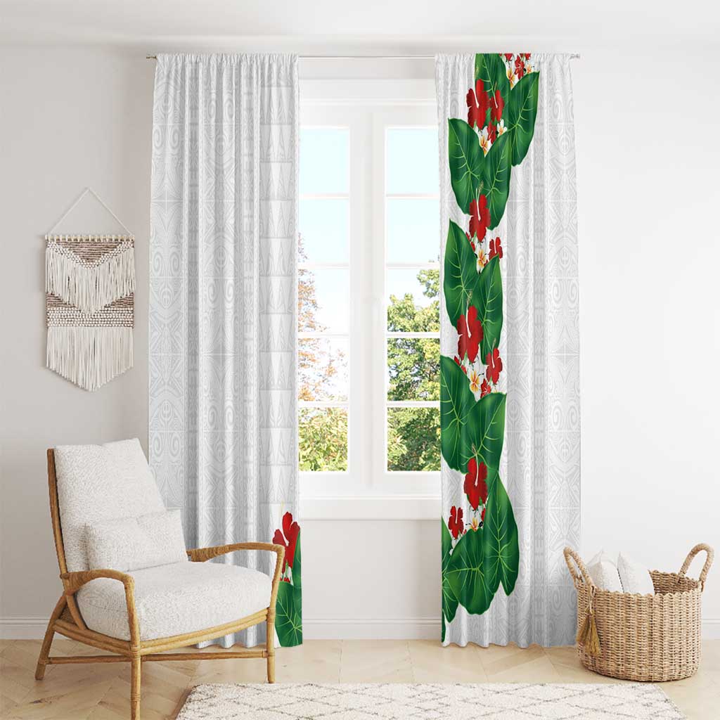 Hawaiian Taro Leaves-Hibiscus and Plumeria Window Curtain Polynesian Art-Kakau Tattoo White LT03 - Polynesian Pride