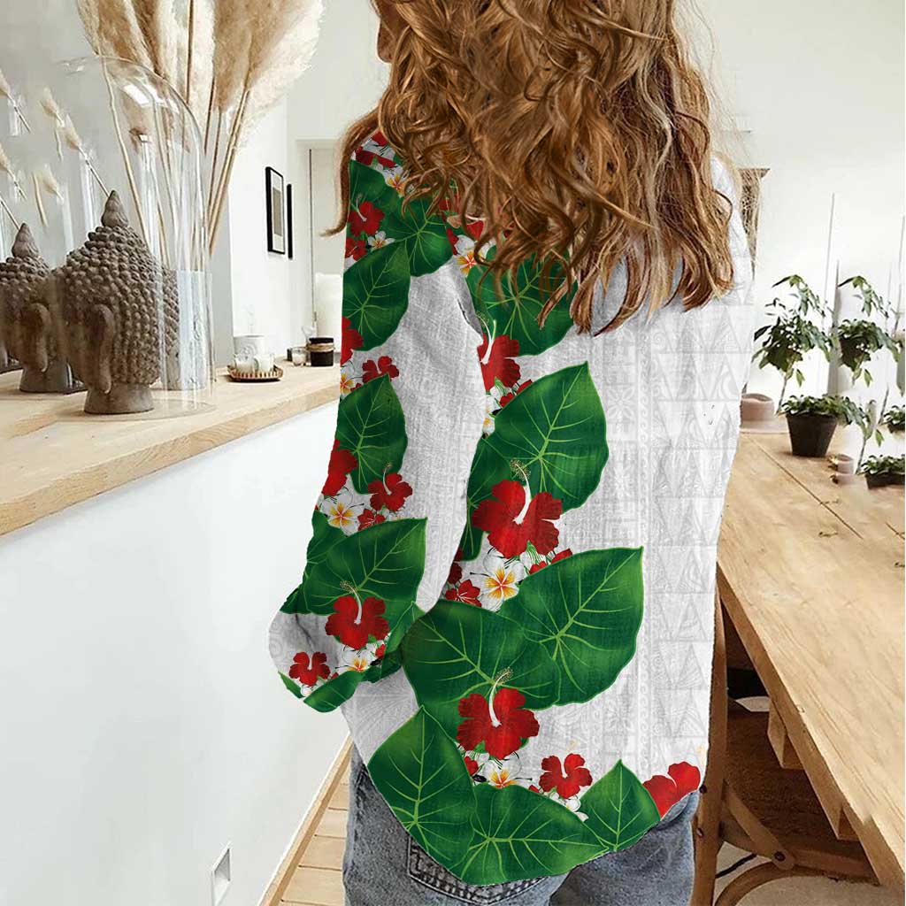 Hawaiian Taro Leaves-Hibiscus and Plumeria Women Casual Shirt Polynesian Art-Kakau Tattoo White LT03 - Polynesian Pride