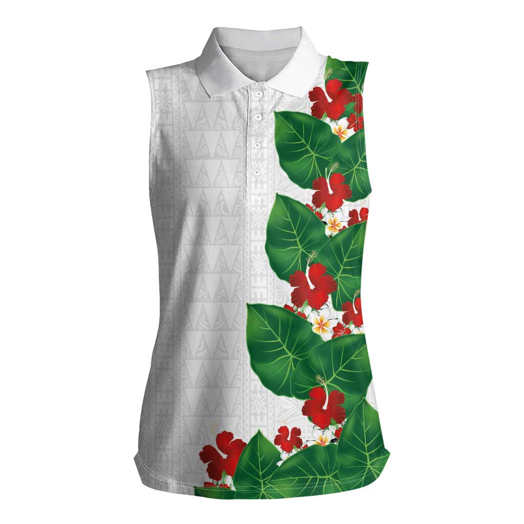 Hawaiian Taro Leaves-Hibiscus and Plumeria Women Sleeveless Polo Shirt Polynesian Art-Kakau Tattoo White
