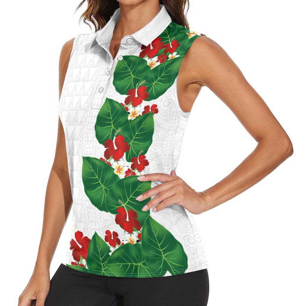 Hawaiian Taro Leaves-Hibiscus and Plumeria Women Sleeveless Polo Shirt Polynesian Art-Kakau Tattoo White LT03 - Polynesian Pride