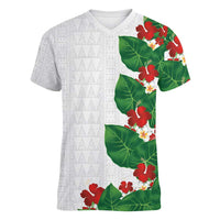 Hawaiian Taro Leaves-Hibiscus and Plumeria Women V-Neck T-Shirt Polynesian Art-Kakau Tattoo White LT03 Female White - Polynesian Pride