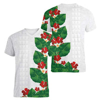 Hawaiian Taro Leaves-Hibiscus and Plumeria Women V-Neck T-Shirt Polynesian Art-Kakau Tattoo White LT03 - Polynesian Pride