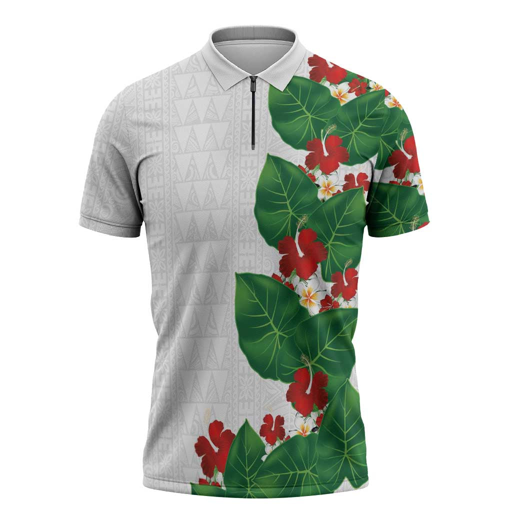 Hawaiian Taro Leaves-Hibiscus and Plumeria Zipper Polo Shirt Polynesian Art-Kakau Tattoo White LT03 White - Polynesian Pride