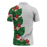 Hawaiian Taro Leaves-Hibiscus and Plumeria Zipper Polo Shirt Polynesian Art-Kakau Tattoo White LT03 - Polynesian Pride