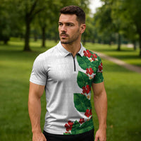 Hawaiian Taro Leaves-Hibiscus and Plumeria Zipper Polo Shirt Polynesian Art-Kakau Tattoo White LT03 - Polynesian Pride