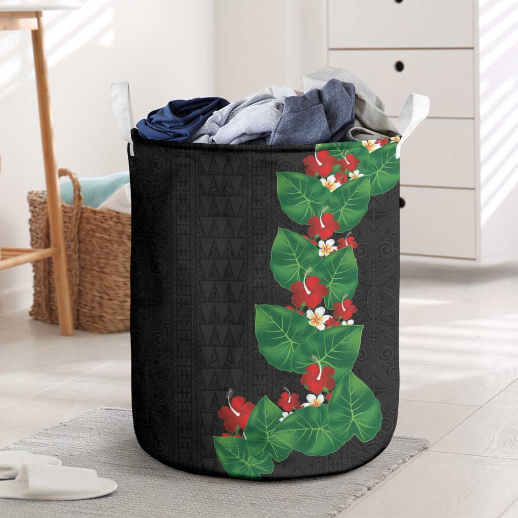 Hawaiian Taro Leaves-Hibiscus and Plumeria Laundry Basket Polynesian Art-Kakau Tattoo Black LT03 Black - Polynesian Pride