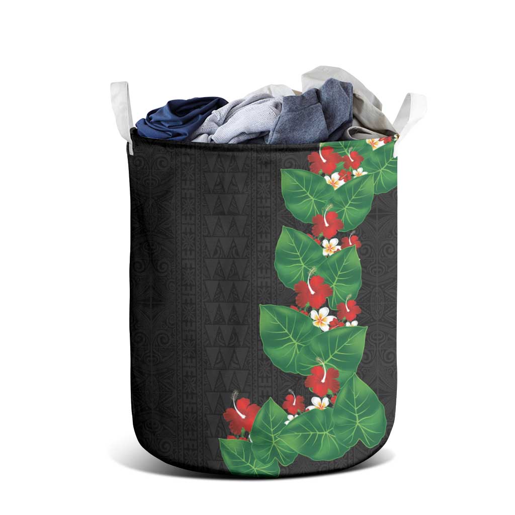 Hawaiian Taro Leaves-Hibiscus and Plumeria Laundry Basket Polynesian Art-Kakau Tattoo Black LT03 - Polynesian Pride