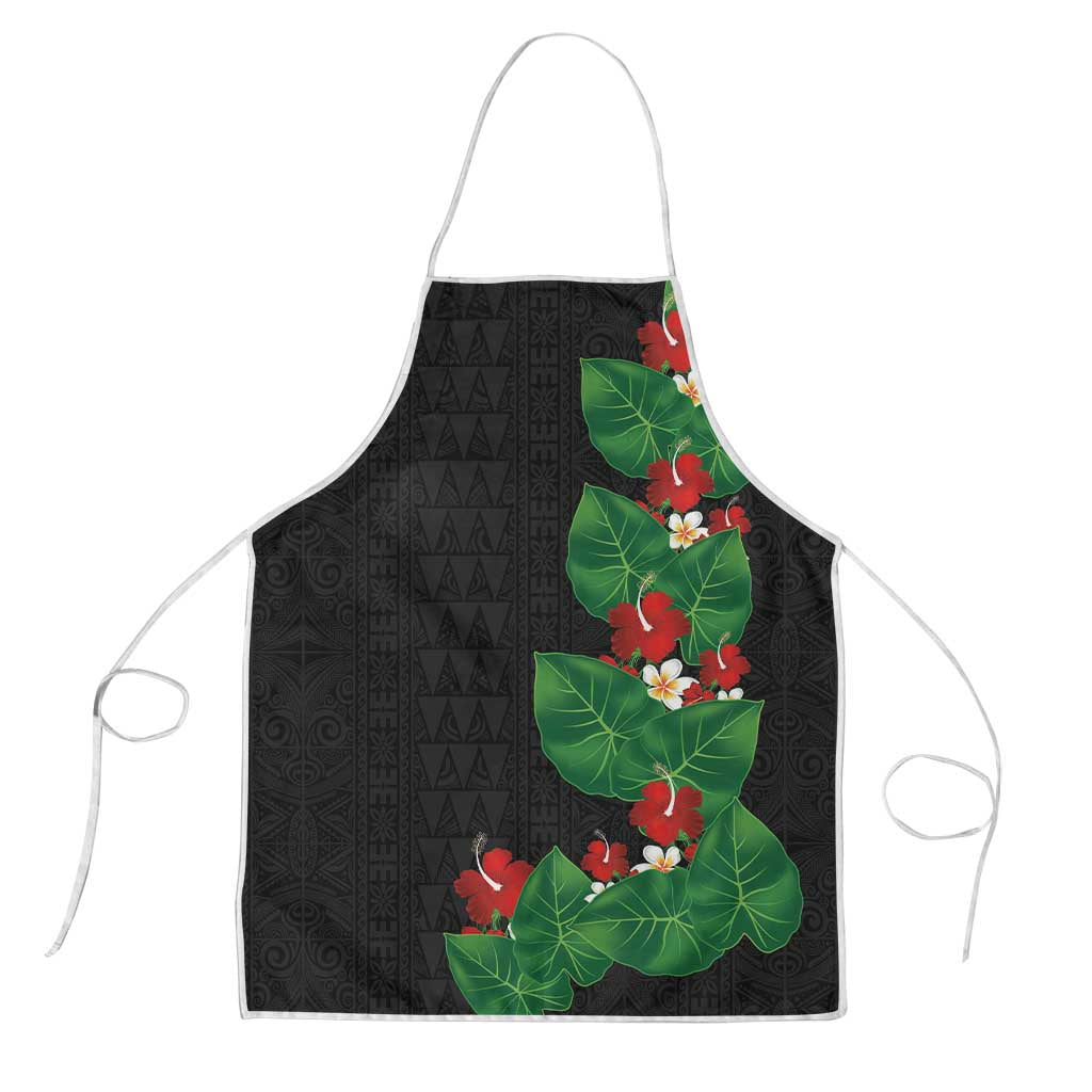 Hawaiian Taro Leaves-Hibiscus and Plumeria Apron Polynesian Art-Kakau Tattoo Black LT03 Black - Polynesian Pride