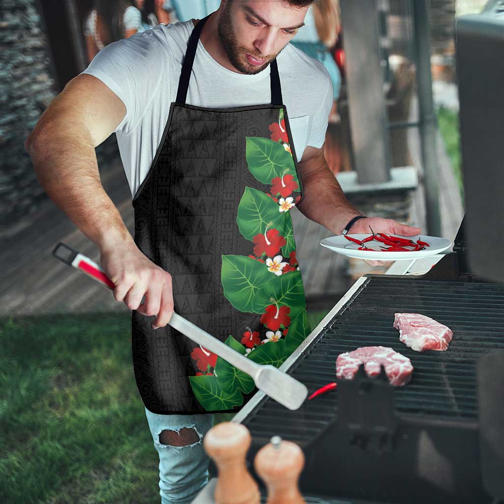 Hawaiian Taro Leaves-Hibiscus and Plumeria Apron Polynesian Art-Kakau Tattoo Black LT03 - Polynesian Pride