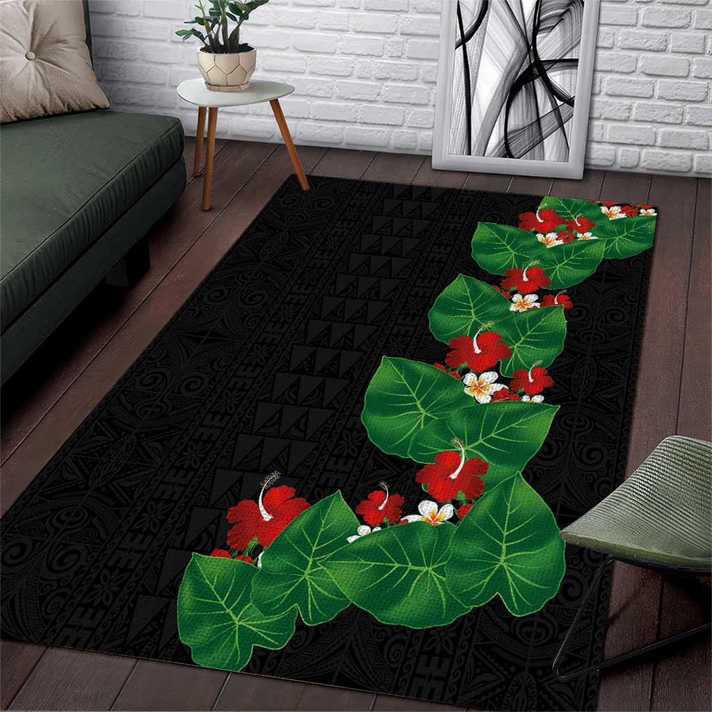 Hawaiian Taro Leaves-Hibiscus and Plumeria Area Rug Polynesian Art-Kakau Tattoo Black LT03 Black - Polynesian Pride