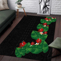 Hawaiian Taro Leaves-Hibiscus and Plumeria Area Rug Polynesian Art-Kakau Tattoo Black LT03 Black - Polynesian Pride