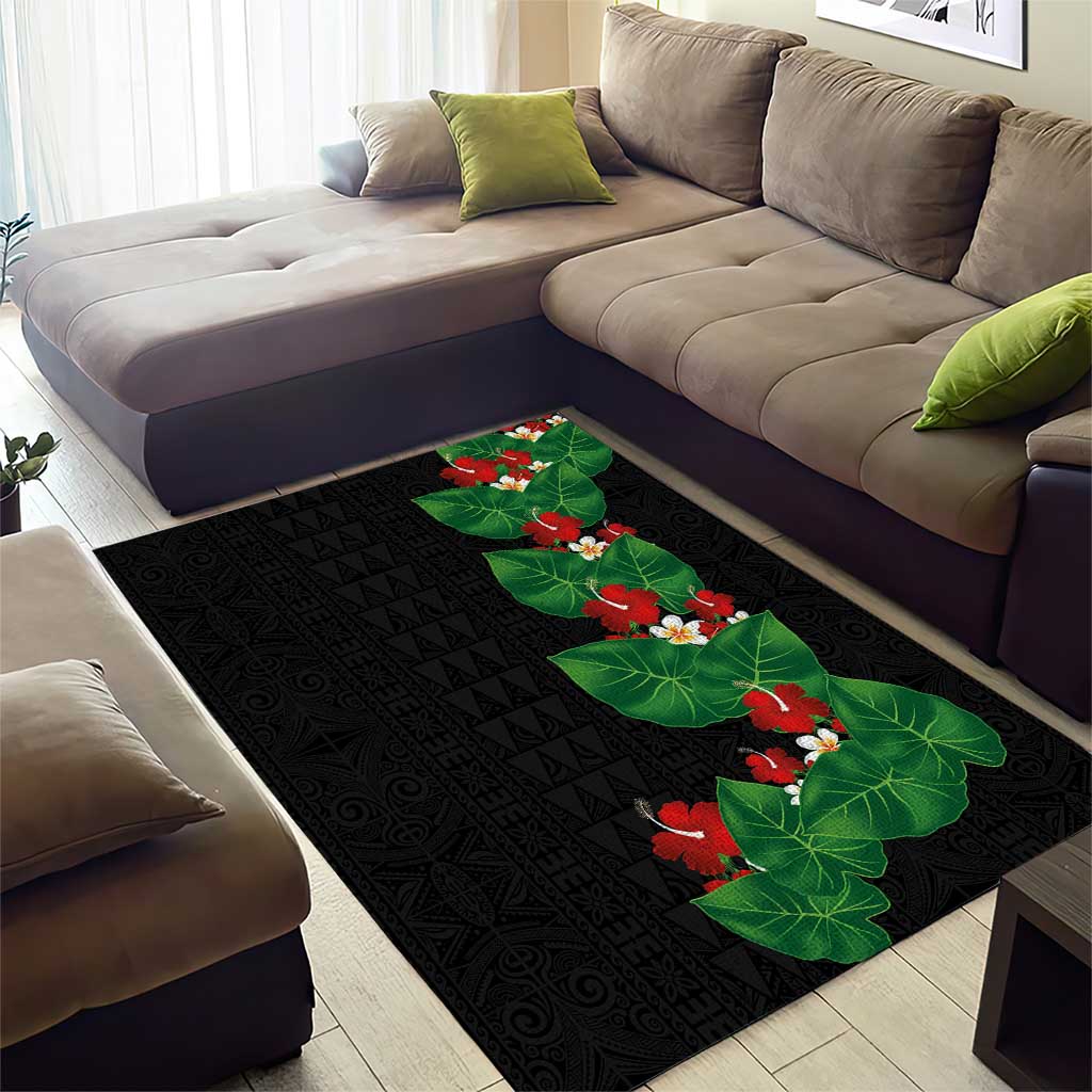 Hawaiian Taro Leaves-Hibiscus and Plumeria Area Rug Polynesian Art-Kakau Tattoo Black LT03 - Polynesian Pride