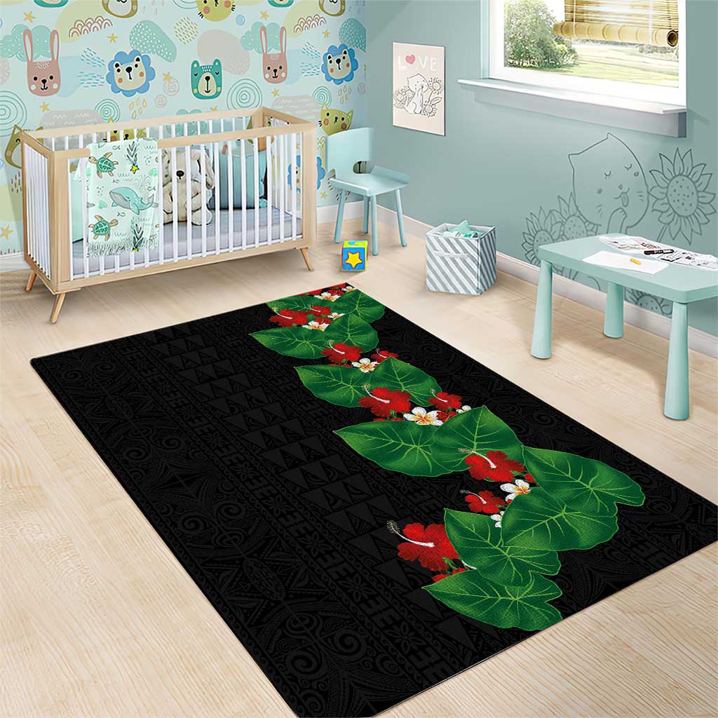 Hawaiian Taro Leaves-Hibiscus and Plumeria Area Rug Polynesian Art-Kakau Tattoo Black LT03 - Polynesian Pride
