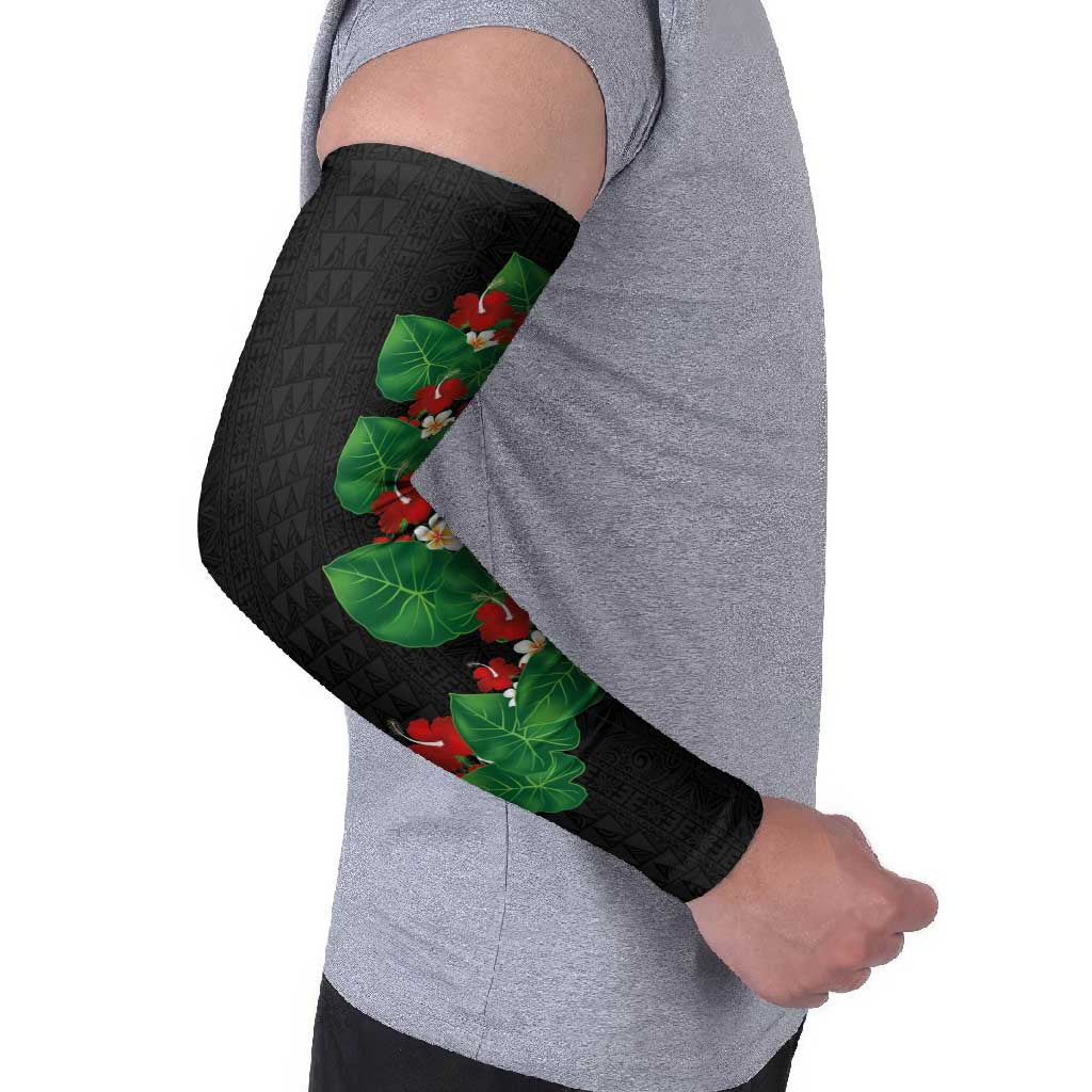 Hawaiian Taro Leaves-Hibiscus and Plumeria Arm Sleeves Polynesian Art-Kakau Tattoo Black LT03 - Polynesian Pride