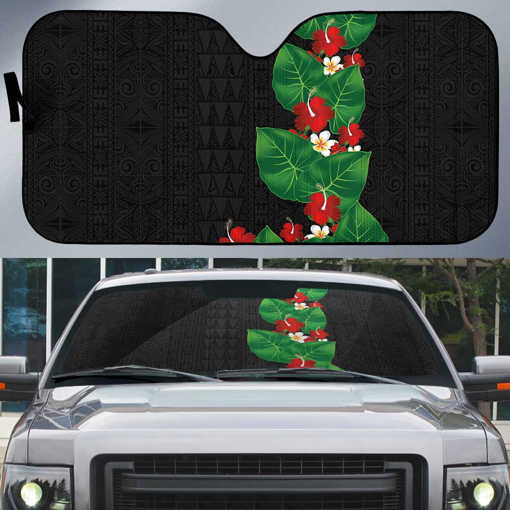 Hawaiian Taro Leaves-Hibiscus and Plumeria Auto Sun Shade Polynesian Art-Kakau Tattoo Black LT03 Black - Polynesian Pride