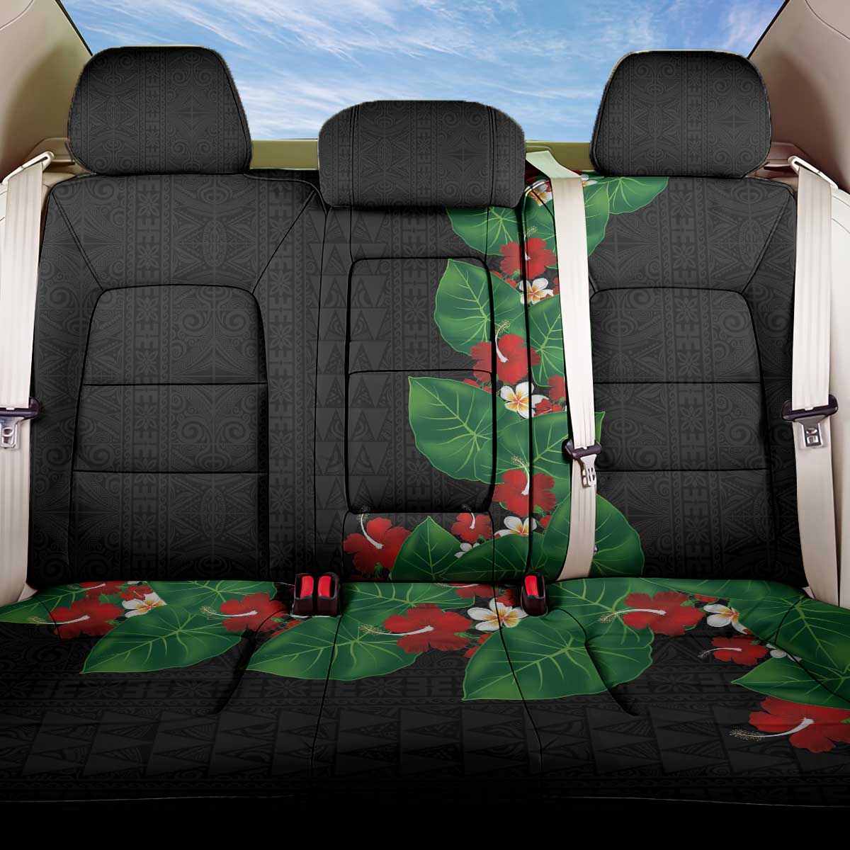Hawaiian Taro Leaves-Hibiscus and Plumeria Back Car Seat Cover Polynesian Art-Kakau Tattoo Black LT03 One Size Black - Polynesian Pride