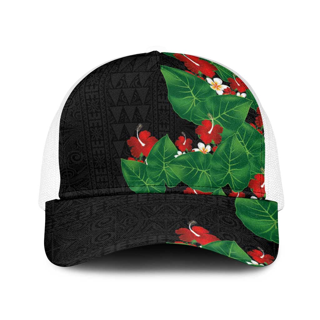 Hawaiian Taro Leaves-Hibiscus and Plumeria Baseball Net Cap Polynesian Art-Kakau Tattoo Black LT03 One Size White Black - Polynesian Pride